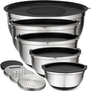 Ensemble de bols à salade modernes en acier inoxydable, écologiques, polis, avec couvercle râpeur, 5 pièces, couleur personnalisée, logo, non revêtus, pour usage domestique - Product Image 1