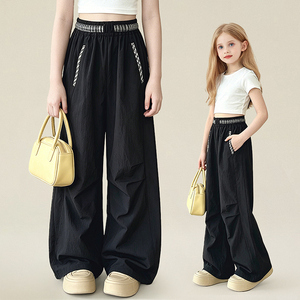 Pantaloni Larghi per Bambine, Casual, con Finiture a Quadri, Vita Elastica, Traspiranti, Asciugatura Rapida, 100% Poliestere, Lunghezza Intera - Product Image 2