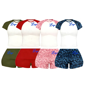 Ensemble tricoté 2 pièces pour femme, haut court à manches courtes et short imprimé léopard, respirant, sportif, col rond, tenue d'été écologique - Product Image 3