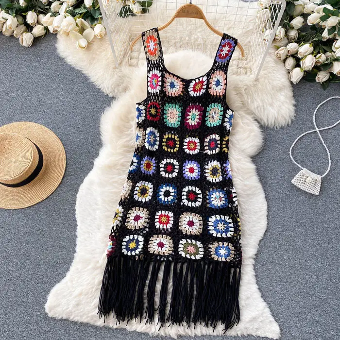 LY405 New 2023 Chic Color Block Flower Crochet Knit Dress Women Bohemian Dresses Vestidos Clothes 3