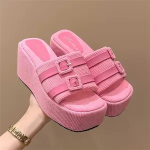 IDOIT New Fashion Summer Sandals Women Buckle Strap Decor Wedge Slide Platform Sandals For Woman Slipper
