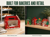 Boîtes cadeaux de Noël en gros, boîte cadeau en papier découpée sur mesure avec fenêtre transparente et poignée pour l'emballage de pâtisseries et de cupcakes