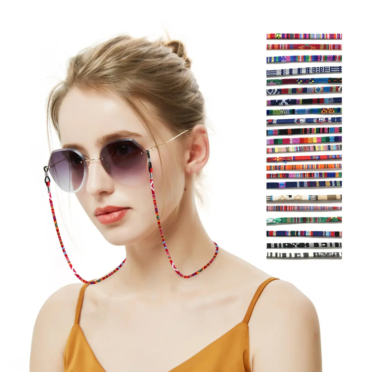 眼鏡とチェーン用のエスニックスタイルのカラフルなコードガラスホルダーストラップストラップ取り外し可能なガラスストラップサングラス用ロープチェーン