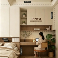 Meuble de bureau minimaliste en bois beige, unité murale de chambre à coucher, étagères ouvertes, éclairage LED, taille personnalisée, bureau Japandi, bureau minimaliste