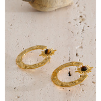 JINYOU 2547 Boucles d'oreilles pendantes rondes en acier inoxydable, élégantes et tendance, avec pierre naturelle œil de tigre et motif soleil