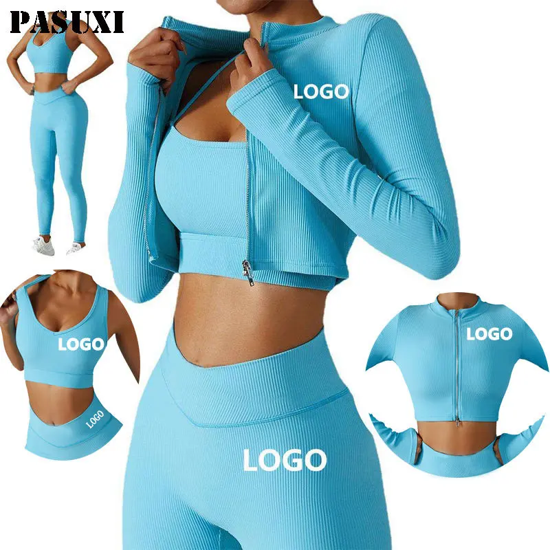 Pasuxi conjunto de fitness feminino, conjunto de 3 peças para academia e yoga, sem costura, manga comprida, com capuz