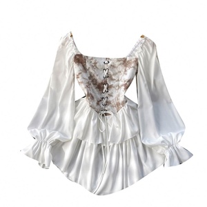 Nuovo Abito Primaverile con Colletto Quadrato, Stile Retrò, Spalle Scoperte, Tie-Dye, Stile <span class=keywords><strong>Palazzo</strong></span>, con Volant e Lunghezza Media - Product Image 5