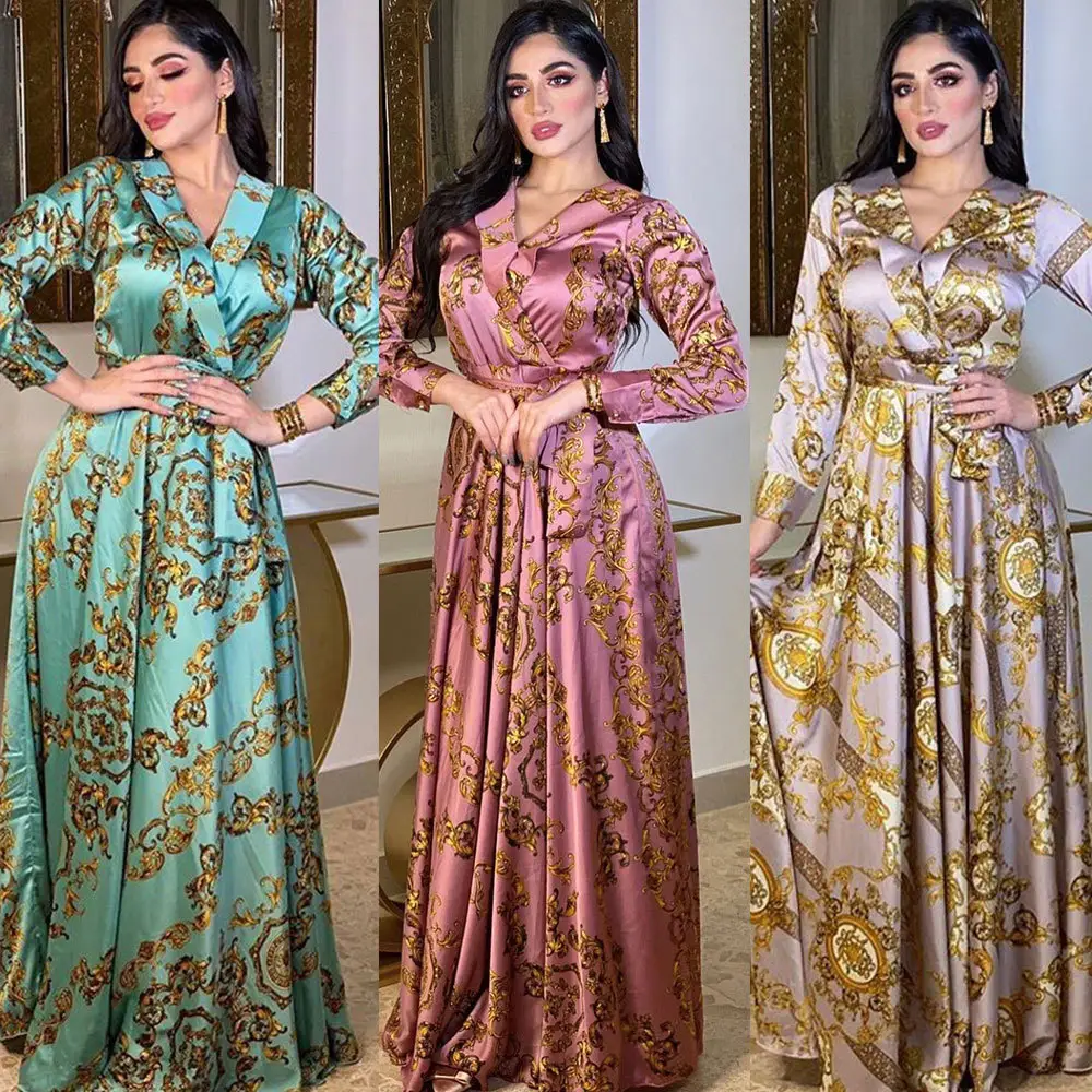 New Middle East Abaya Women Muslim Dress Elegant Floral Printing Evening Dresses Long Sleeves Maxi Dress Ladies Abaya Dubai