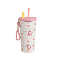 Gobelet isotherme en acier inoxydable avec paille et poignée, motif dessin animé mignon, 500 ml, double paroi isolée, pour enfants et voyages
