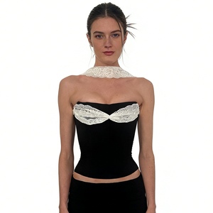 Women's Lace Halter Neck Crop <b>Top</b> Shirt Contrast Lace Trim Tube <b>Top</b> With Bow Detail Fashion - Product Image 5