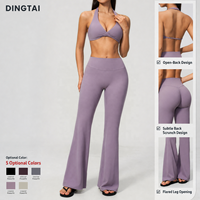 Ensemble de yoga 2 pièces pour femme, doux comme du beurre, respirant, grande taille, avec soutien-gorge de sport dos nu en V profond et pantalon évasé taille haute à effet ventre plat