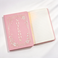 Buku Catatan Kulit PU Pink A5 Kustom, Jurnal Bingkai Bunga Mawar Foil Emas Elegan, Hadiah