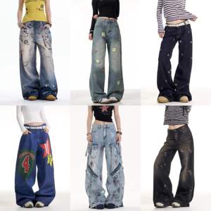 Nuovi <span class=keywords><strong>Jeans</strong></span> Larghi da Donna con Bottoni Elastici a Vita Alta, Stampa e Perforazioni, Traspiranti, Casual da Strada, Pantaloni da Lavoro - Product Image 1