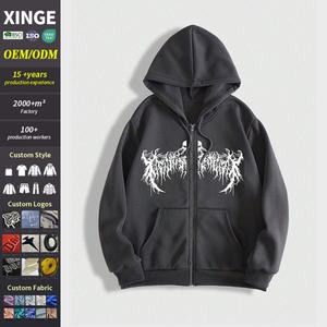 เสื้อฮู้ดดี้ผู้ชายทรงหลวมสไตล์วินเทจลายพิมพ์ซิลค์สกรีนแบบสั่งทำพิเศษ ตัดเย็บทรงบ็อกซี่แบบครอป ซิปกันลม ไหล่ตก - Product Image 1