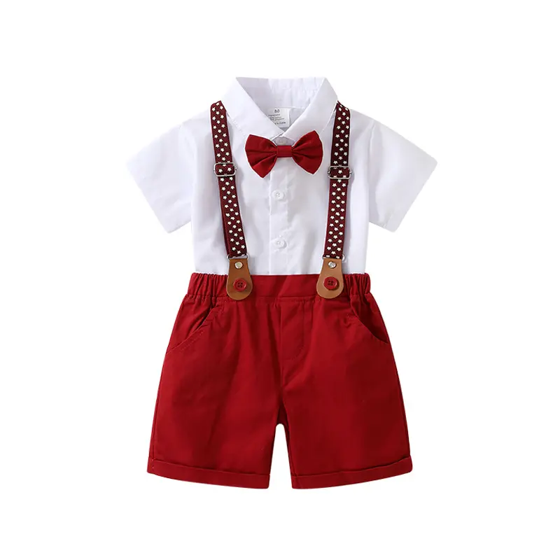 Conjunto de vestido de manga curta para meninos, camisa branca, macacão vermelho, fantasia de dia das crianças, estilo britânico, conjunto de roupas de aniversário para meninos, 2024