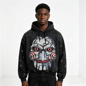 Sudadera con capucha vintage lavada con gráfico de terror <span class=keywords><strong>Saw</strong></span> Puppet para hombre, personalizada con estrella de diamantes de imitación en la manga, estilo streetwear, oversize - Product Image 2