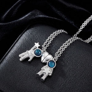 Cartoon Astronaut <b>Couple</b> <b>Necklace</b> Magnetic Heart Pendant Link Chain Unisex Gift Jewelry - Product Image 1