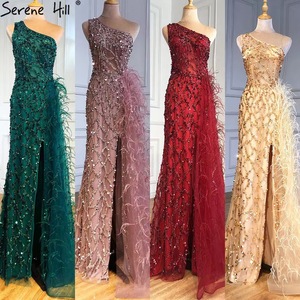 Robes de soirée sexy personnalisées à fente latérale avec une épaule Largos Elegantes Y <span class=keywords><strong>Moda</strong></span> 2023 paillettes et plumes - Product Image 2