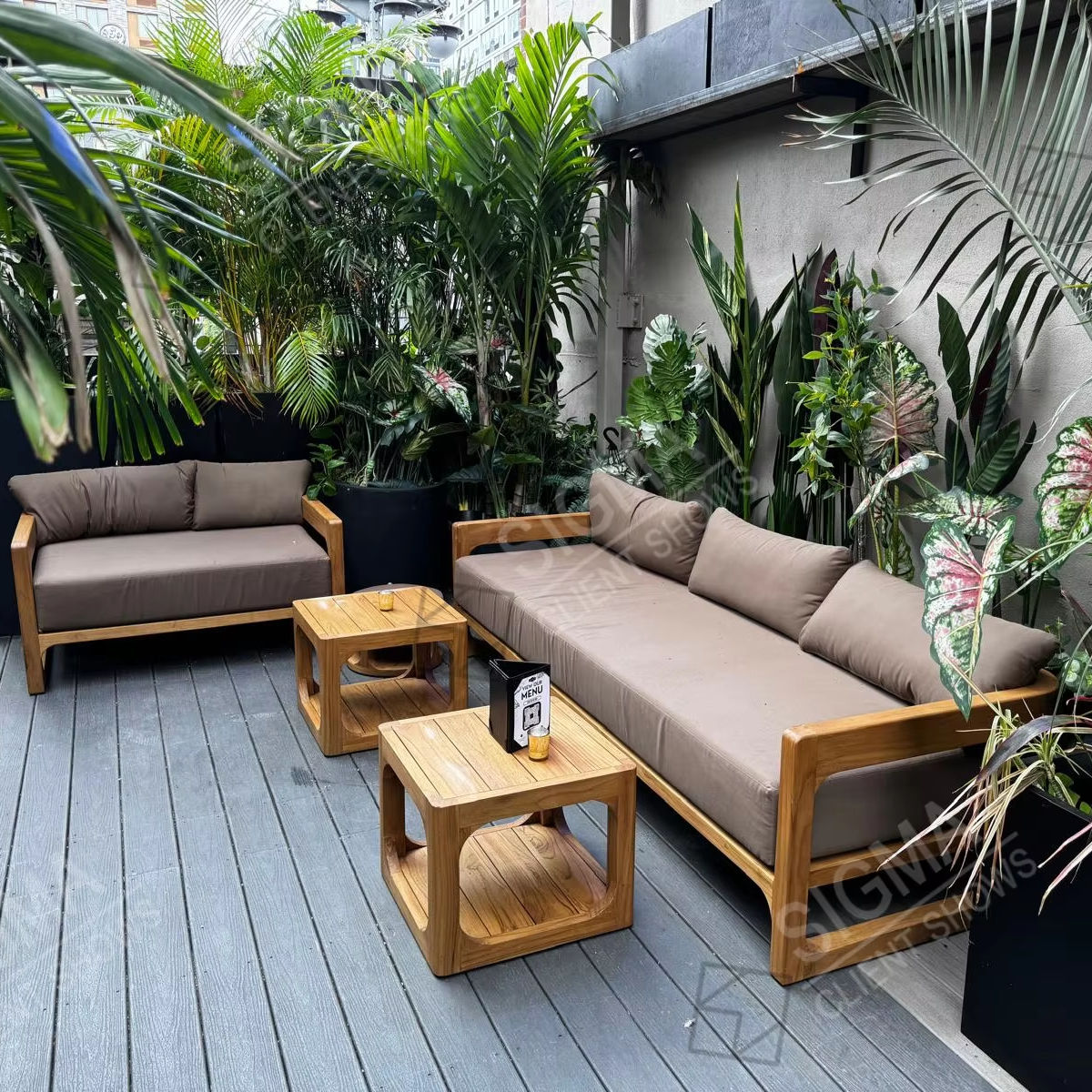 All Weather Luxury Factory Patio Furniture Garden Set Wood Outdoor All Weather Fabric Teak Wooden Sofa