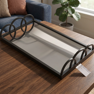 Elegant <b>Black</b> Metal <b>Tray</b> with Circular Handle Design Stylish and Durable Perfect for <b>Serving</b> and Home Decor - Product Image 1