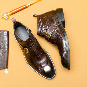 Botines de hombre negros con estampado, estilo Monk Strap, punta redonda, parte superior de cuero genuino, suela de goma antideslizante, venta al por mayor para profesionales. - Product Image 4