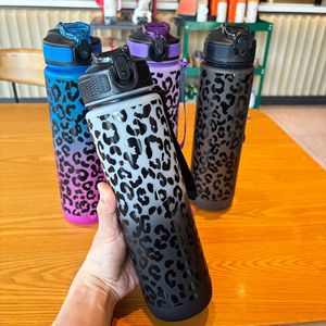 Leopard Print Sports Water Bottle 1L Reusable Plastic Duckbill Cup Outdoor Large Capacity Straw Cup - Product Image 1
