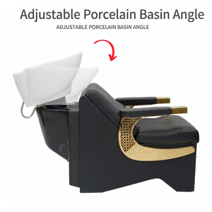 Sillón de Lujo para Lavado de Cabello, Cama de Salón de Belleza, Estación de Lavado de Cabello en Cuero PU Negro y Dorado, Mobiliario para Salón de Belleza - Product Image 2