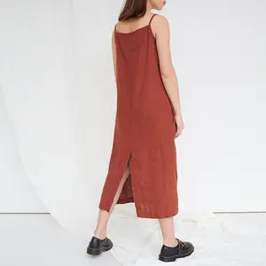 Customize Women's A-Line Sleeveless Solid Loose Halter Collar Casual Midi Linen Cotton Dresses Red High Quality Summer Wholesale
