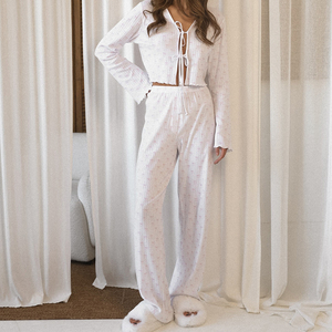 QINSI Wholesale Pj Lace up Women Pajamas <strong>Dog</strong> Printed Ruffled Loungewear Knitted Long Sleeved Trousers Two Piece Nightwear - Product Image 3