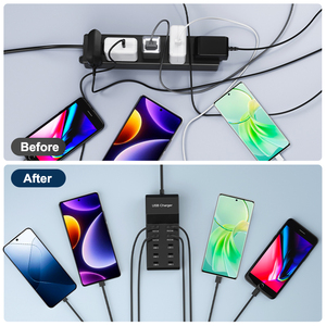 VINISEM 4A6C Regleta <span class=keywords><strong>de</strong></span> alimentación inteligente <span class=keywords><strong>de</strong></span> 10 tomas USB y Tipo-C para oficina/portátil, multi-carga para teléfono, negra con enchufes US/UK/EU - Product Image 5