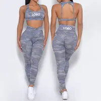 Pakaian Latihan Yoga Logo Kustom Memakai Bra Olahraga Push Up Legging Kerut Pinggang V Set 2 Potong Camo Gym Fitness Set Wanita