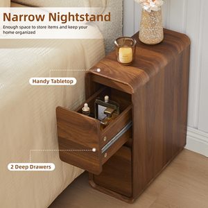 Mid Century Modern Small Nightstands with 2 Drawers, Slim 2 Drawer Dresser <strong>Skinny</strong> <strong>Bedside</strong> <strong>Table</strong>, Wooden End <strong>Table</strong> for Small - Product Image 2