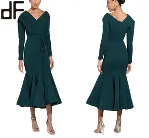 Day Look OEM Customized Solid Green V Neck Waist Tie Detail Ruffle Hem Evening Dress Ruffle Latin Dresses Women For Patty