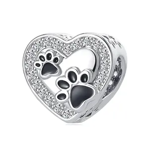 Snake chain European style women girls big hole bead spacer metal double heart love dog cat pet paw prints Charms Bracelet