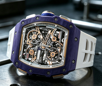 Montre-bracelet automatique pour homme, forme tonneau, mouvement squelette complet, bracelet en caoutchouc, style sport décontracté
