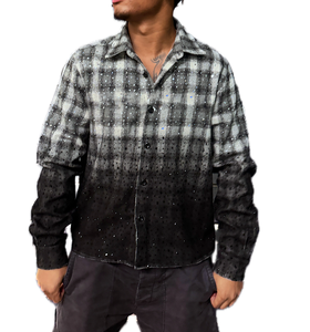 Spring Custom <strong>Men's</strong> Gradient Plaid Flannel <strong>Shirt</strong> Rhinestone Embellished Long Sleeve Button Down Loose Fit Casual Streetwear - Product Image 3