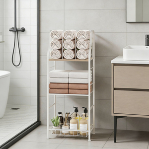 Étagère murale moderne à cinq niveaux en fer, support de rangement portable pour serviettes de bain, organisateur de linge et articles de toilette - Product Image 3