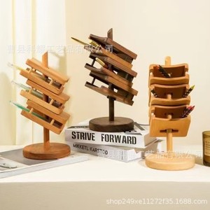 <b>Solid</b> <b>Wood</b> Multi Layer Storage Rack Pen Holder For Office <b>Desk</b> Student Stationery Round Shelf - Product Image 2