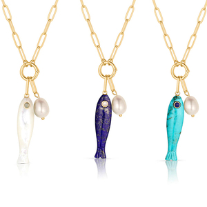 <span class=keywords><strong>Collana</strong></span> con Ciondolo a Forma di Pesce in Ottone Placcato Oro Gemnel, Serie Pesciolini Colorati con Pietre Naturali Lapislazzuli, Madreperla e <span class=keywords><strong>Ambra</strong></span> - Product Image 1
