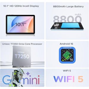 Tablette Popux P10 Pro 10,1 pouces Android 16 Écran 120 Hz Batterie 8800 mAh Processeur Octa Core T7250 Stockage 128 Go - Product Image 1