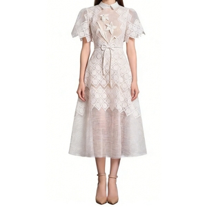 Vestido Midi de Encaje Geométrico para Mujer - Vestidos Formales con Cuello y Apliques Florales en 3D, Moda Femenina - Product Image 1