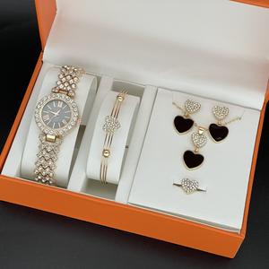 Luxe hartvormige dameshorloge juwelenset van vijf delen met diamanten, roestvrijstalen bandjes, eenvoudige modeaccessoireset - Product Image 4