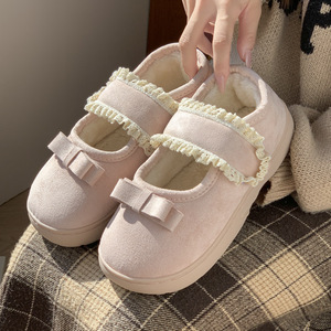 Casa de mujer para pantuflas, mocasines peludos con adornos de encaje dulce para otoño e invierno, algodón femenino para pantuflas con cierre de velcro - Product Image 3