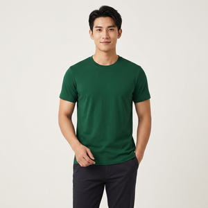 T-shirt en coton vert pour homme, coupe classique, col rond, manches courtes, jersey décontracté, couleur unie, tissu tricoté teint uni - Product Image 1