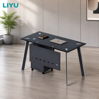 Escritorio de Oficina Moderno de Vidrio con Archivador Móvil de 3 Cajones, Patas Metálicas Extensibles Negras, Panel de Modestia, para Oficina en Casa