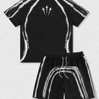Conjunto Deportivo Unisex de Camiseta y Pantalones Cortos con Estampado Degradado Negro, Manga Corta, Cintura con Cordón Ajustable, Transpirable, de Poliéster