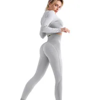Vêtements de Sport d'entraînement personnalisés pour femmes, collant et haut court à manches longues, sans couture, Yoga, 2 pièces,