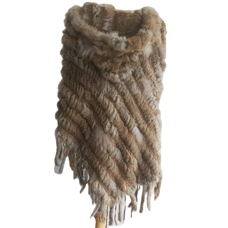 Poncho de piel de conejo tejido suelto de talla grande para mujer con capucha, capa de piel Real para mujer, chal de piel auténtica tejido a mano