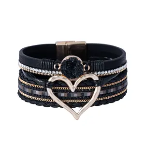 Handmade Bohemian Bracelets Love Heart Multilayer Crystal Bead Leather Wrap Cuff Bracelet Bangle for Women Girls