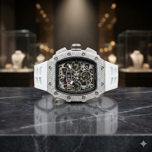 นาฬิกาข้อมือทรง Tonneau หรูหราประดับเพชรโมอิสซาไนต์ สายยางสีขาว หน้าปัดแบบ Skeleton สำหรับผู้ชาย สไตล์ฮิปฮอป - Product Image 2